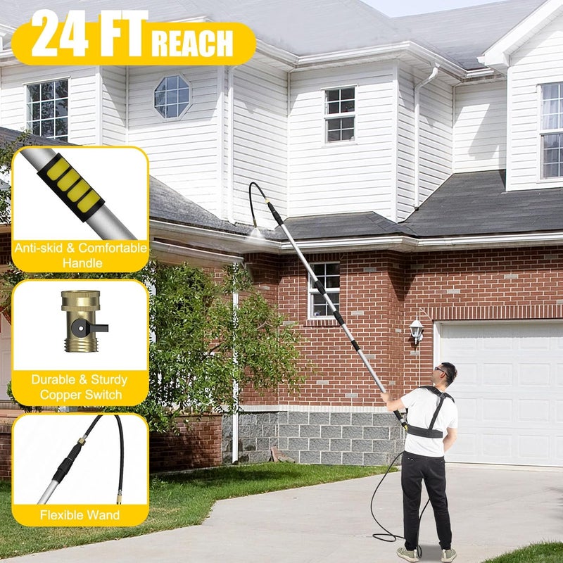 BUYPLUS 24FT Reach Telescoping Gutter Cleaning Tools -16FT Rain Gutter Cleaner Tools From Ground with 3/4" Brass Garden Hose Shut Off Valve, Bendable Flexible Water Wand for Garden Hose, Window - Image 2